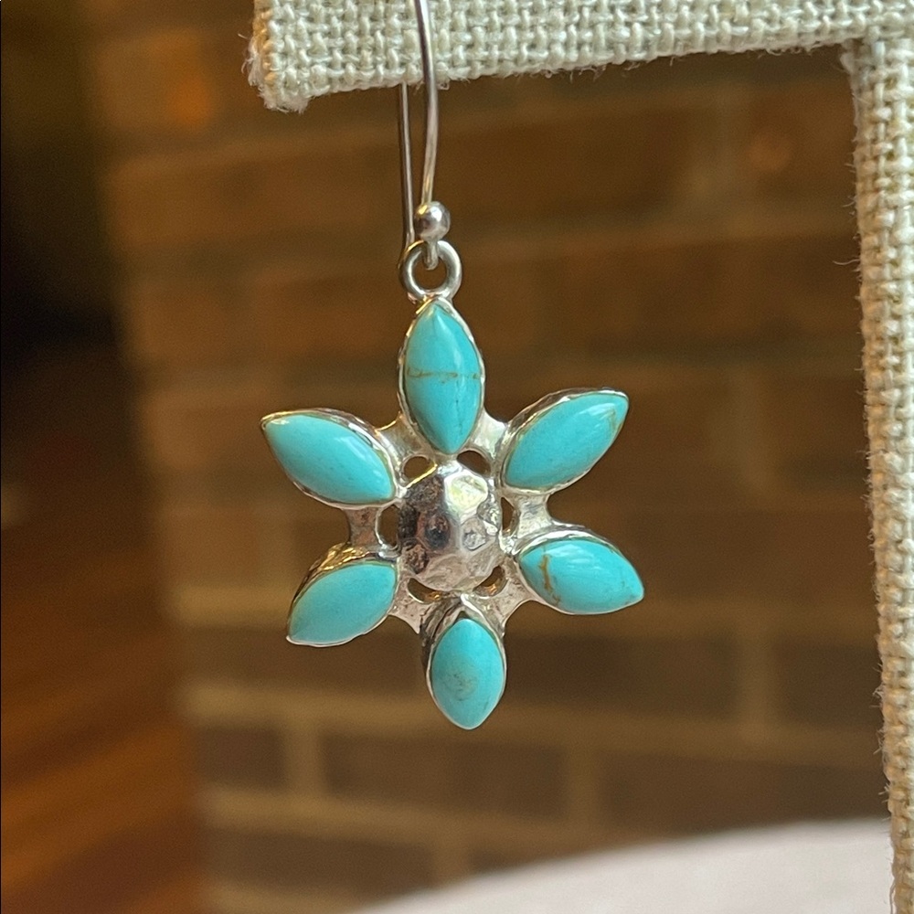 Sterling Silver .925 Vintage Turquoise Organic Flower Hook Dangle Drop Earrings - Picture 5 of 8